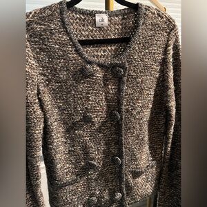 CAbi Textured Tweed Brown Double-Breasted Cardigan with Button Accents